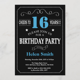 Invitation 16e anniversaire Tableau noir et bleu