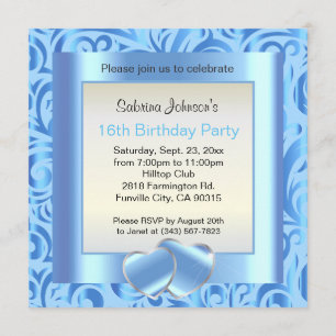 Invitation 16e anniversaire Verr bleu, argent et blanc