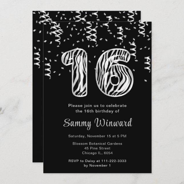 Invitation 16e anniversaire Zebra Imprimer Ballons avec Confe (Devant / Derrière)