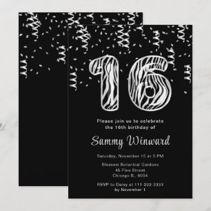 Invitation 16e anniversaire Zebra Imprimer Ballons avec Confe