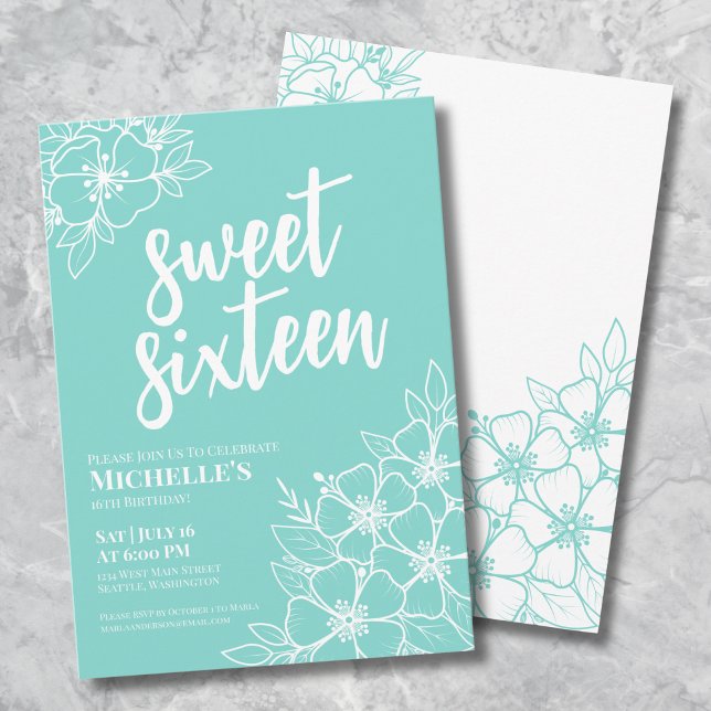 Invitation 16e Fête d'anniversaire aux fleurs modernes pour u (16th Teal Blue Floral Sweet Sixteen Birthday Party Invitation)
