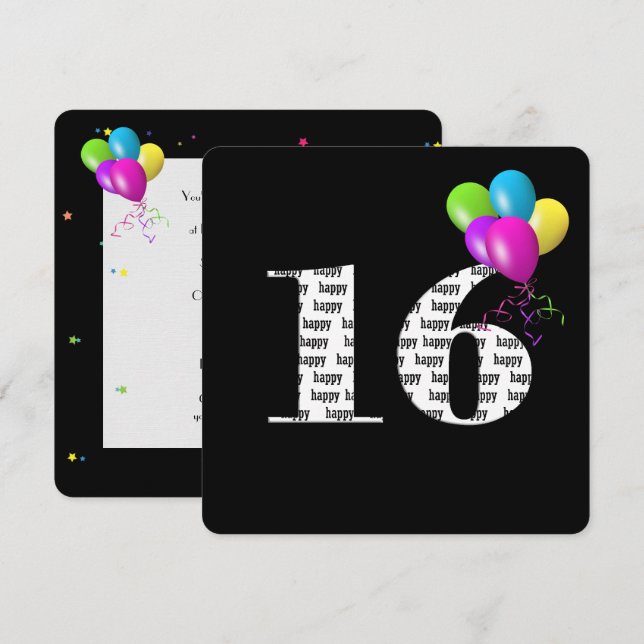 Invitation 16e fête d'anniversaire avec bouquet de ballons (Devant / Derrière)