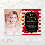 Invitation 16e fête d'anniversaire avec photo - Black Gold Re<br><div class="desc">16e anniversaire invitation de fête avec votre photo. Caractéristiques : bandes blanches foncées,  police de script,  roses et confettis. Design noir blanc rouge élégant avec de l'or de parties scintillant faux. Parfait pour une fête élégante de l'anniversaire sweet sixteen.</div>