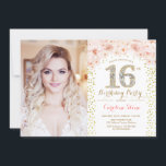 Invitation 16e fête d'anniversaire avec photo - Floral rose o<br><div class="desc">16e anniversaire invitation de fête avec votre photo. Comprend des confettis d'or et des roses roses rousses. Design floral élégant avec parties scintillant imitation. Parfait pour une fête élégante de l'anniversaire sweet sixteen.</div>