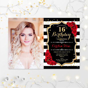Invitation 16e fête d'anniversaire avec photo - Red Gold Blac