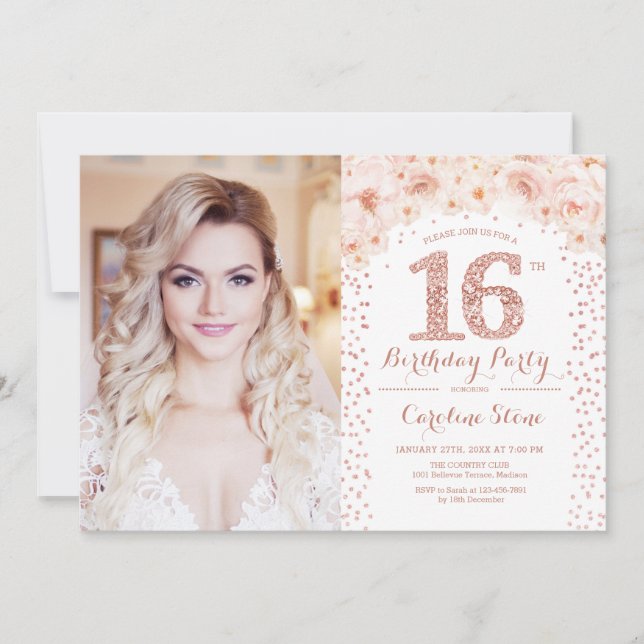 Invitation 16e fête d'anniversaire avec photo - Rose Gold Flo (Devant)