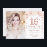 Invitation 16e fête d'anniversaire avec photo - Rose Gold Flo<br><div class="desc">16e anniversaire invitation de fête avec votre photo. Comprend des confettis en or rose et des roses roses rousses. Design floral élégant avec parties scintillant imitation. Parfait pour une fête élégante de l'anniversaire sweet sixteen.</div>