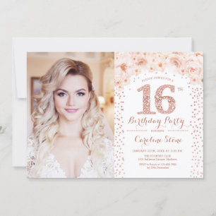 Invitation 16e fête d'anniversaire avec photo - Rose Gold Flo