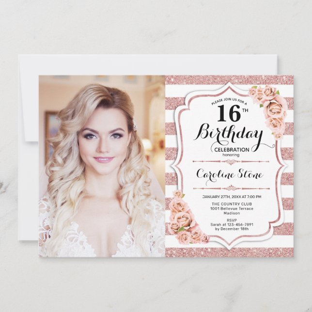 Invitation 16e fête d'anniversaire avec photo - Rose Gold Whi (Devant)