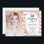 Invitation 16e fête d'anniversaire avec photo - Rose Gold Whi<br><div class="desc">16e anniversaire invitation de fête avec votre photo. Peut être customisé pour montrer n'importe quel âge. Comprend des rayures,  des caractères de script,  des roses roses et des confettis roses. Design classique avec fausse parties scintillant rose or. Parfait pour une élégante célébration anniversaire de seizième année.</div>