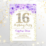 Invitation 16e fête d'anniversaire - Blanc or violet<br><div class="desc">16th Birthday Party Invitation Design élégant en faux or parties scintillant,  violet et blanc. Elégante invitation à la floraison avec diamants et roses. Parfait pour une célébration de glamour. S'il vous plaît,  envoyez-moi un message si vous avez besoin d'une personnalisation plus poussée.</div>