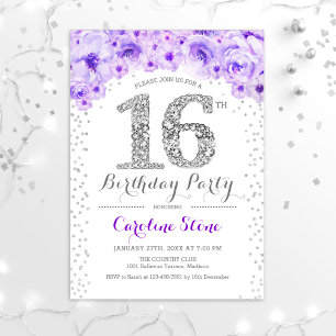 Invitation 16e fête d'anniversaire - Blanc Silver violet