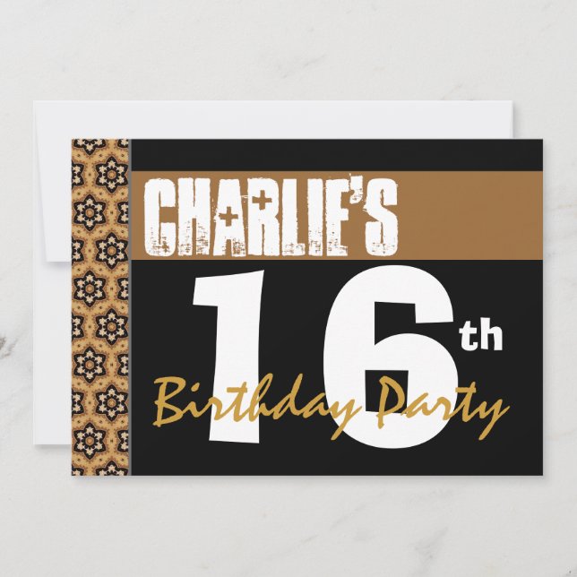 Invitation 16e fête d'anniversaire Gold Black moderne 2B6 (Devant)