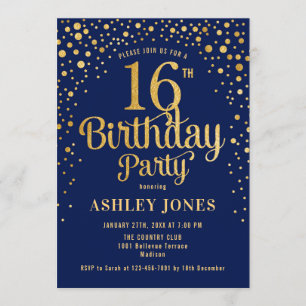 Invitation 16e fête d'anniversaire - Marine & Gold