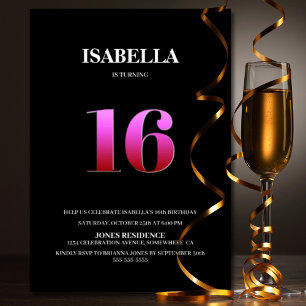 Invitation 16e fête d'anniversaire minimaliste noir et rose