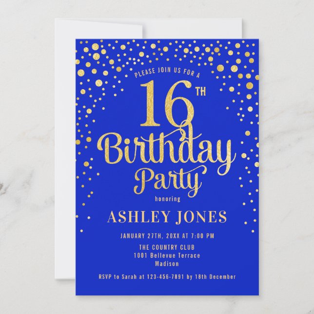 Invitation 16e fête d'anniversaire - Royal Blue & Gold (Devant)