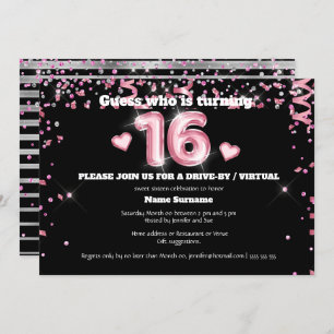 Invitation 16e feuille parties scintillant rose argent noir c
