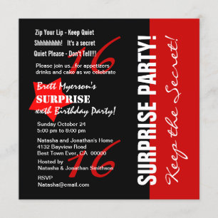 Invitation 16e SURPRISE Anniversaire Black Red White A08 Star