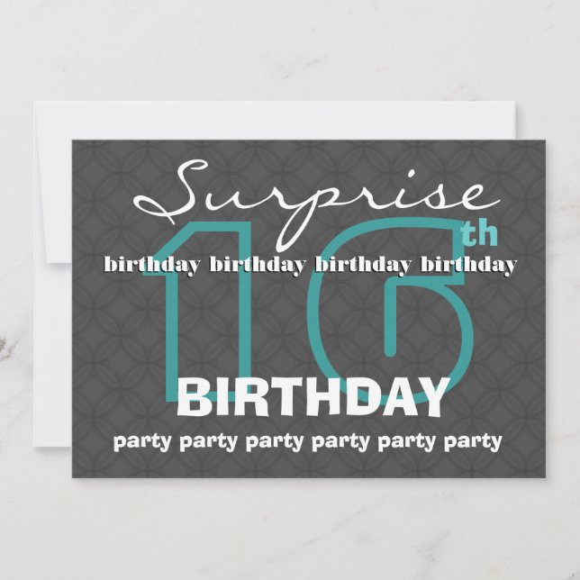 Invitation 16e SURPRISE Anniversaire Charbon Turquoise modern (Devant)