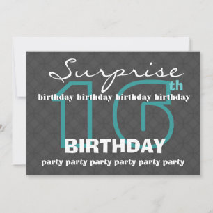 Invitation 16e SURPRISE Anniversaire Charbon Turquoise modern