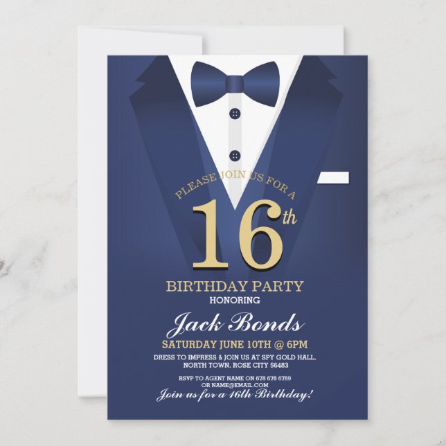 Invitation 16e Tuxedo Black Cravate Anniversaire Jeu Marine (Devant)