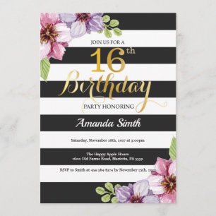 Invitation 16ème Ado d'invitation d'anniversaire floral