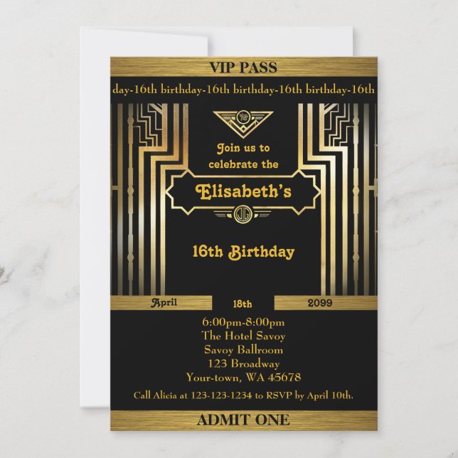 Invitation 16ème, anniversaire 16ème, style de Gatsby, (Devant)