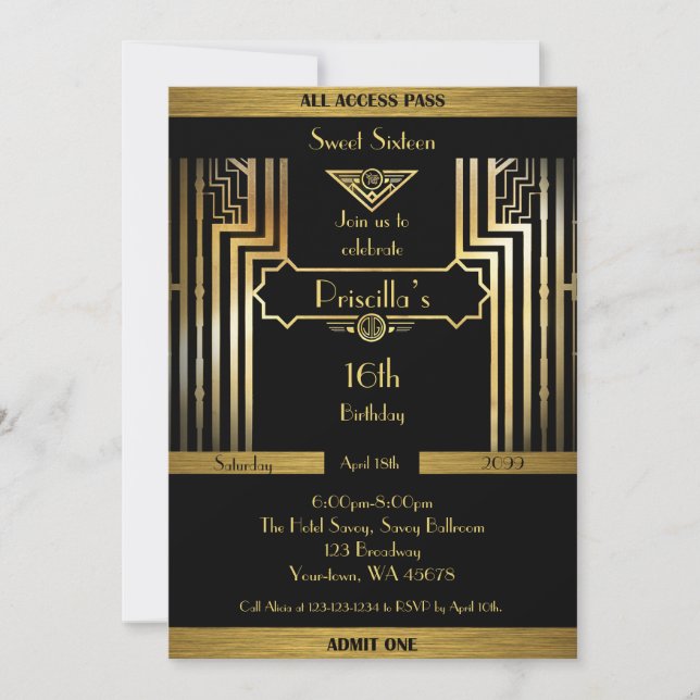 Invitation 16ème, Anniversaire 16ème, Style Gatsby, noir & or (Devant)
