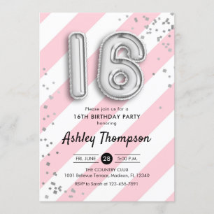 Invitation 16ème anniversaire - Ballons roses et Ballons d'ar