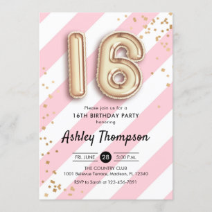 Invitation 16ème anniversaire - le rose barre des ballons