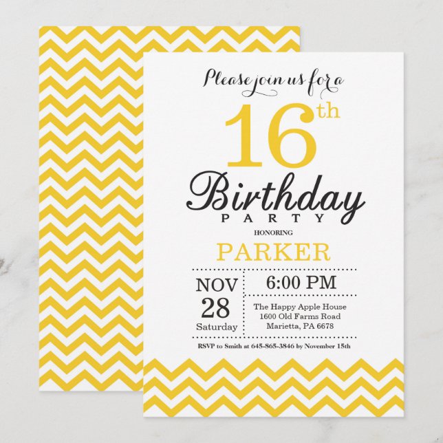 Invitation 16ème Jaune Chevron d'invitation d'anniversaire (Devant / Derrière)