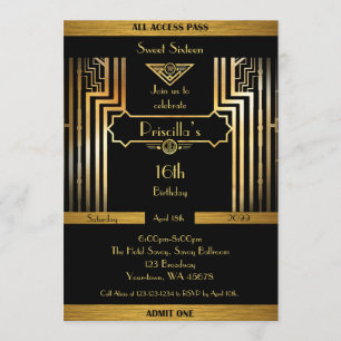 Invitation 16ème, style d'anniversaire 16ème, de Gatsby, noir