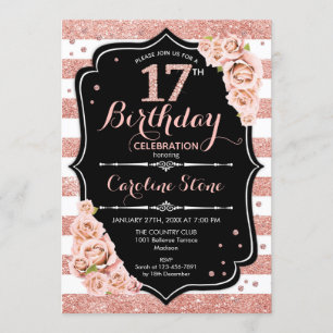 Invitation 17e anniversaire Black Rose Gold and White Stripes