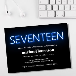 Invitation 17e anniversaire Blue Neon Lights Party