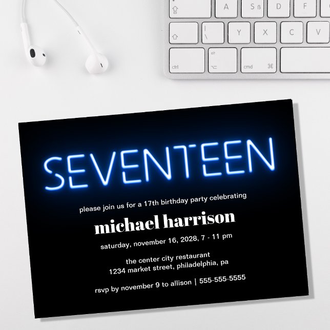 Invitation 17e anniversaire Blue Neon Lights Party (Créateur téléchargé)