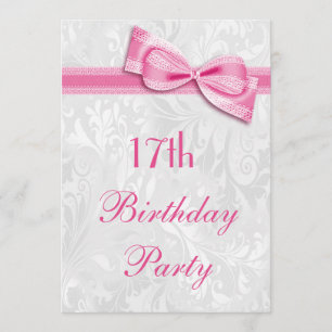 Invitation 17e anniversaire Damas et Pink Faux Bow