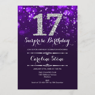 Invitation 17e anniversaire de surprise - Argent mauve