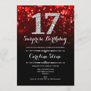 Invitation 17e anniversaire de surprise - Argent rouge noir