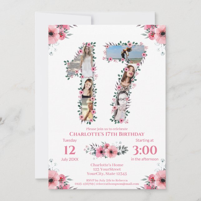 Invitation 17e anniversaire fille photo Collage rose Fleur bl (Devant)