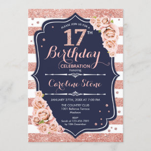 Invitation 17e anniversaire - Gold et White Stripes Roses de