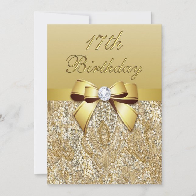 Invitation 17e anniversaire Gold Faux Sequins et Bow (Devant)