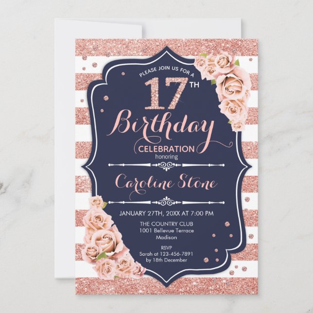 Invitation 17e anniversaire - Rose de la marine Gold et White (Devant)