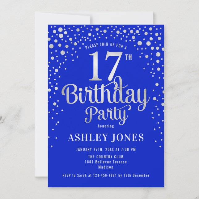 Invitation 17e fête d'anniversaire - Royal Blue & Silver (Devant)