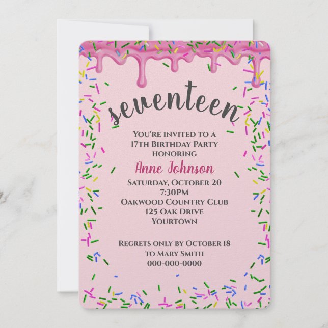 Invitation 17ème Anniversaire Pink Icing Et Sprinkles (Devant)