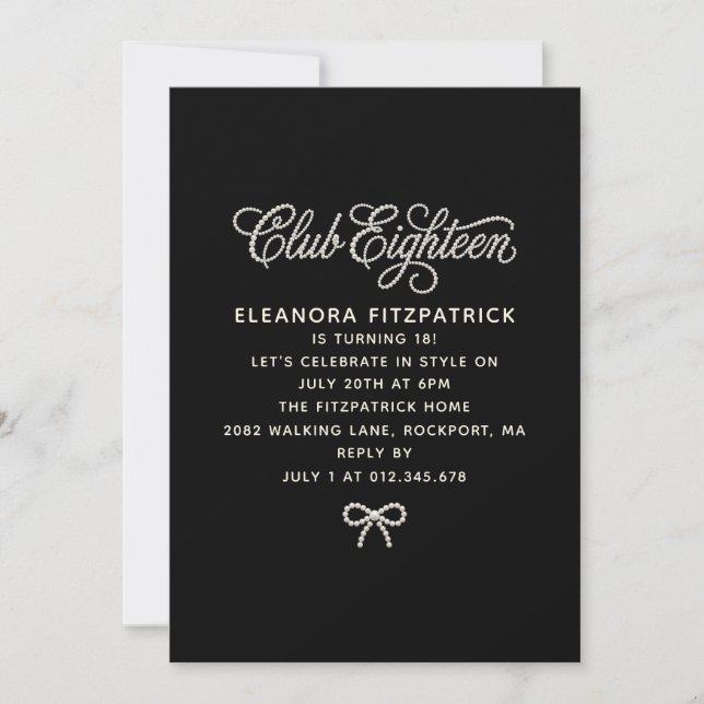 Invitation 18 ans Noir Blanc Perle Script Ruban (Devant)