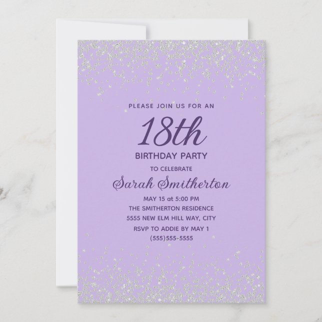 Invitation 18 ans Paillettes Diamant Argent Lavand (Devant)