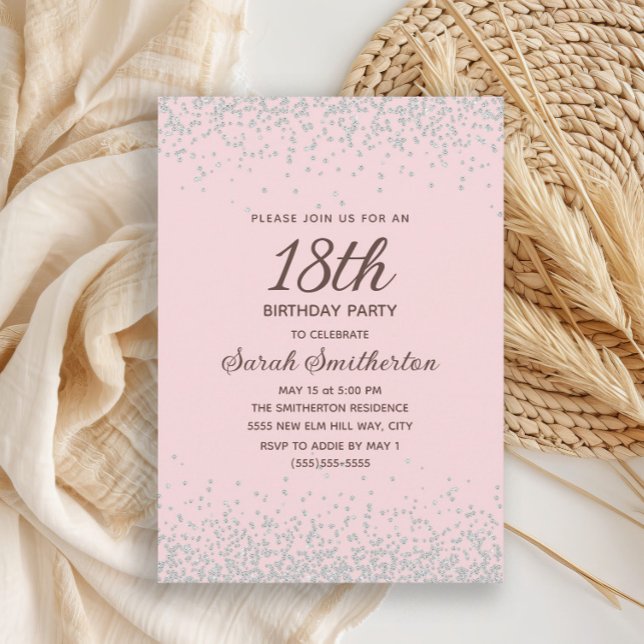 Invitation 18 ans Paillettes Diamant Rose Argent (Elegant blush pink 18th birthday party invitation with silver glitter)