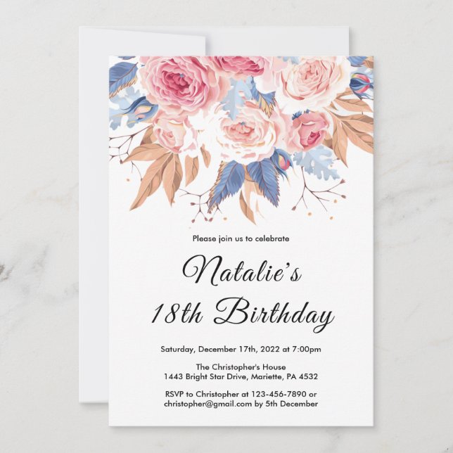 Invitation 18e anniversaire Aquarelle Botanique Fleurs floral (Devant)