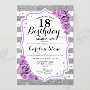Invitation 18e anniversaire - Argent blanc rayures Roses viol