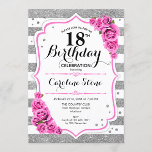 Invitation 18e anniversaire - Argent Blancs Roses Roses Rose